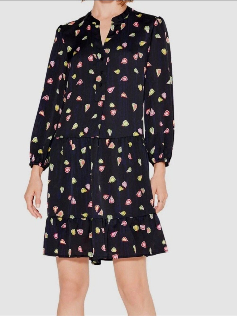NIC+ZOE Dress Blouson Sleeves Shirtdress Tiered Boho Party Pears Fruit Print XL